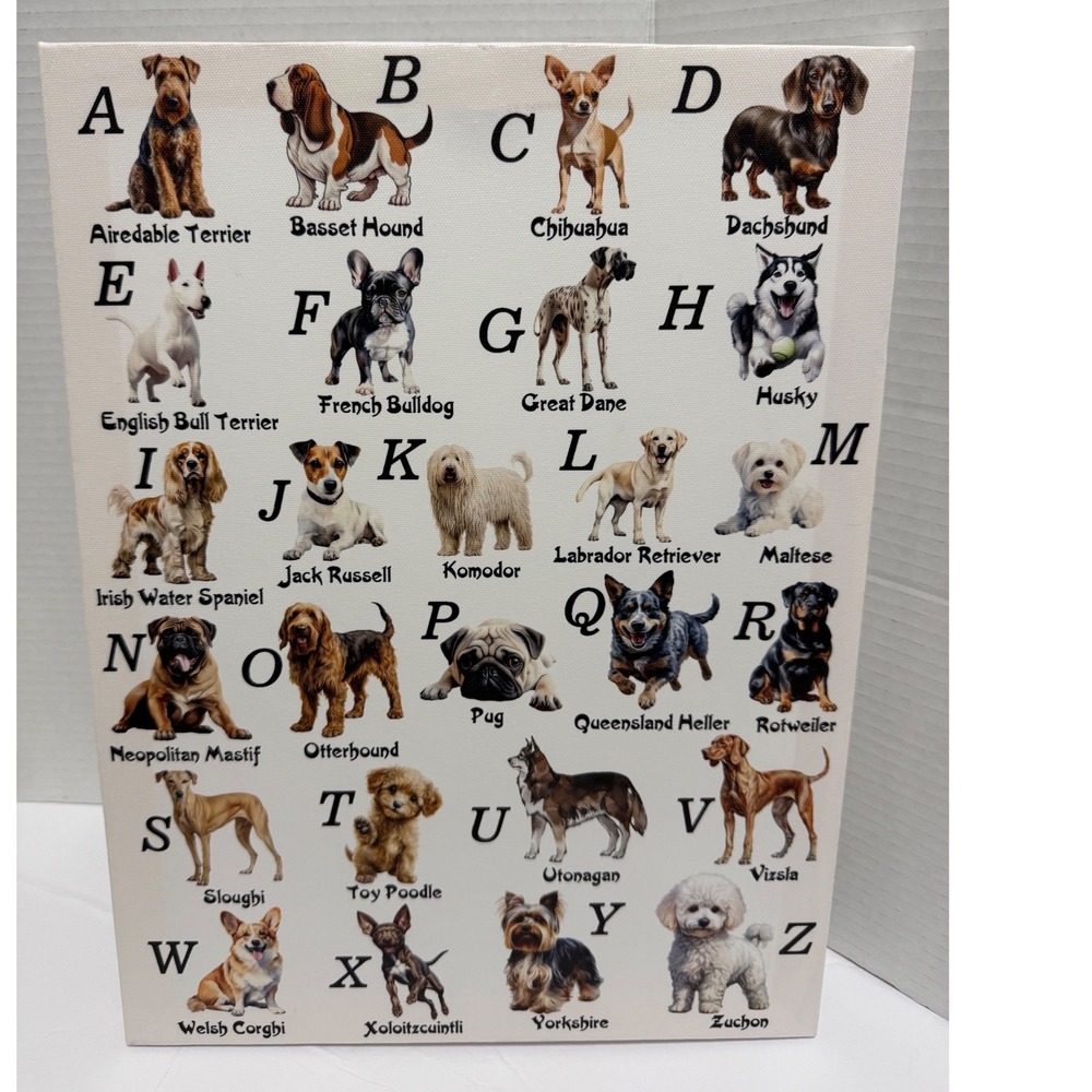 Dog Breeds Alphabet Canvas Wall Art Educational Pet Decor A-Z Print